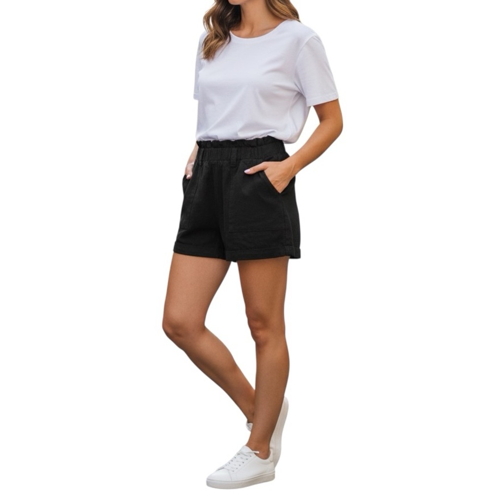 Aeropostale High Rise Pleated Solid Black Paper Bag Short Shorts w/ Belt Loops